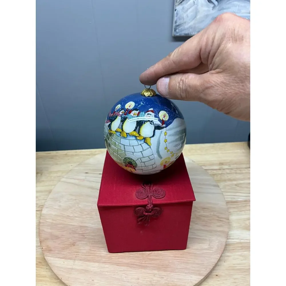 Hand Painted Glass Penguin Ornament in Satin Gift Box | Merry & Bright 2010